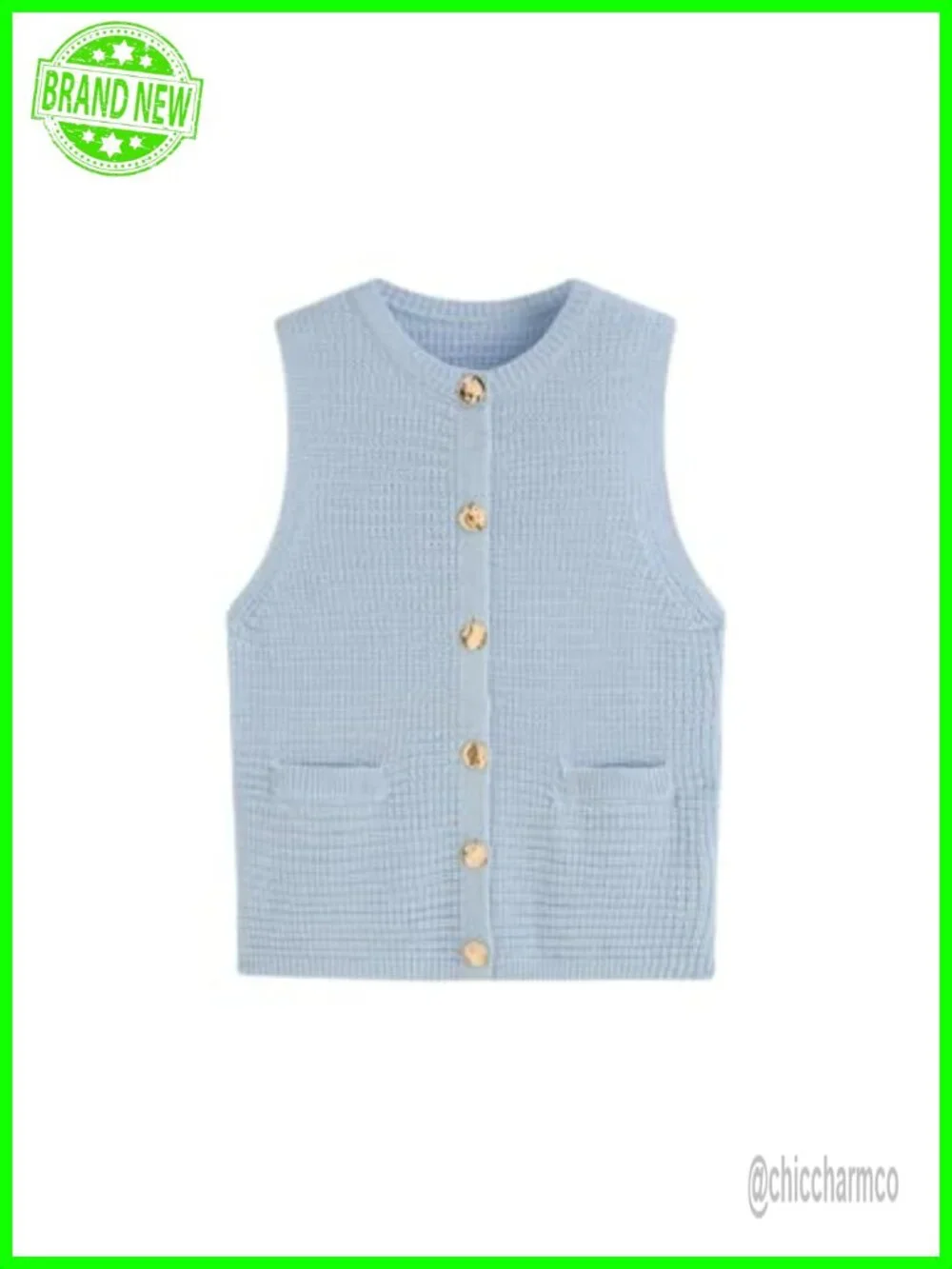 Knit Sweater Vest Button Front Sleeveless Round Neck Metal Trim Casual Layering